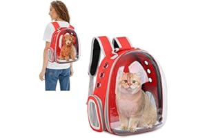 PETCUTE Mochila para Gatos Transparente Portador de Mascotas Mochila con Burbujas Bolsa de Transporte Ventilada PortáTil Diseño de Cápsula Transpirable para Gatos Pequeños Rojo