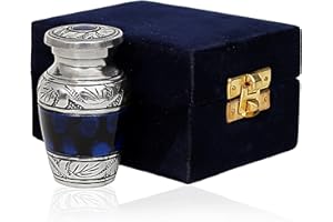 HLC Blue Hand Engraved Small Keepsake urn - Cremation Urn with 1 Velvet Box Bag, 3 cu.in Aluminium, Lovely Blue Pattern, Polished Finish, Decorative Urn