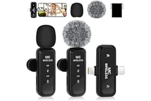 Pavlleen Microfono Wireless, per iPhone/Android/PC microfono wireless professionale, cancellazione del rumore, mini microfono, per registrazione video/streaming live/intervista/TikTok