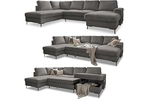 Cord Sofa U Form mit Schlaffunktion - Ecksofa mit Schlaffunktion und Bettkasten, Wohnlandschaft U Form, XXL Couch U Form, Big Sofa XXL, Eckcouch mit Schlaffunktion und Bettkasten, (Couch Grau Links)