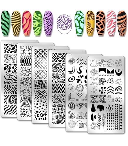 6 Nagel-Stempelplatten Set – Leopardenmuster, Baumtextur & Mehr, Edelstahl, 12x6 Cm, Für DIY-Nageldesign