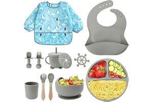 NATNAV Set Pappa Svezzamento, 11pezzi Set Pappa Bimbo, Set Pappa Svezzamento per Bambini Silicone,Senza BPA, Set Pappa Antiscivolo con Ventosa Piatto Ciotola Tazza Bavaglino(Gris)