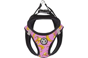 SUPER DOGGY Arnes Perro Pequeño, Suave y Reflectante - Chaleco Anti-tirones para Cachorros, Transpirable con Diseños Divertidos - Malla Ajustable para Coche (L, Pink Bananas)