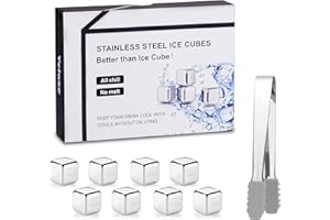 Velaze Edelstahl-Eiswürfel, 8er-Set 304 Eiswürfel Edelstahl mit 1 Zange und Geschenkbox, wiederverwendbare Eiswürfel, ideal für Wein, Wodka, Likör, Saft oder Limonade