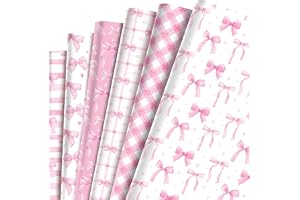 12 Sheets Pink Bow Gift Wrapping Paper, 6 Styles Decorative Cardstock Paper 19.7x27.6in, for Gift Packaging, Scrapbooking, DIY Crafts & Party Decoration