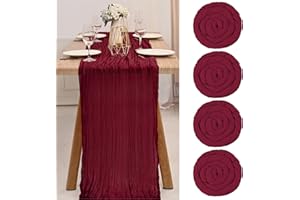 TERUNTRUE Käsetuch Tischläufer 4 Stück Burgunder Rot Tischfahne Transluzent Tischfahne Tüll Tischdecke 10 ft Bohemian Stil Land Dekoration Küche Hochzeit Urlaub Party Supplies (Burgunder 300cm)