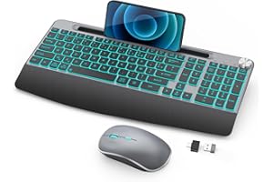 JOYACCESS Clavier Souris sans Fil, Clavier Rétroéclairé sans Fil avec Support pour Phone, Clavier Souris Rechargeable avec Repose-Poignets, pour PC, Mac, Windows - Grey et Noir