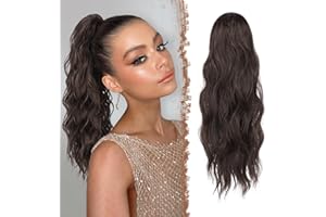 FESHFEN Ponytail Extensions, Drawstring Ponytails Hair Extension Chocolate Brown Mixed Dark Brown Long Curly Wavy Hair Piece Synthetic Pony Tail Hairpieces for Women, 18 inch