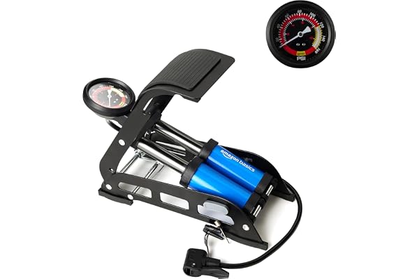 amazon basics Foot Operated Tyre Inflator 160 PSI Double Cylinder Portable Foot Air Pump Rapid Inflation Hands-Free Pumping for Car, Bike, Cycle, Balls, Mattresses & More, Black and Blue