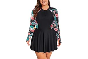 Hanna Nikole Women Plus Size Rash Guard with Thumb Holes Long Sleeve Half Zipper Swimsuits Bathing Suit UPF 50+ Swim Dress