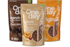 ONE DAY Granola Ecologica, Sin Azucares Añadidos, Alto en Proteína con Superfoods, Altro en Fibra, 300g (Pack 3 / Multi Gusto, 1 unidad)