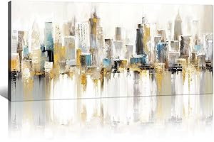 FajerminArt Large Framed Canvas Wall Art Gold Blue Grey City Buildings Painting on Canvas Printed Picture Poster Wall Art for Living Room Bedroom Wall Decor Ready To Hang 20" x 48"/ 120cm x 50cm