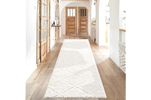 payé Teppich Läufer - Hochflor - Boho - Cream - 80x300cm - Einfarbig - Modern Raute Meliert Muster - Skandinavisch Flauschig Weich - Wohnteppich Schlafzimmer Dekoration