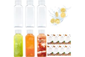 MOROCKET Plastic Juice Bottles With Lids - 6 Pcs Empty Square 350ml Reusable Containers, Leak-proof and Heat-Resistant for Smoothies, Beverages, Milk - Includes Labels