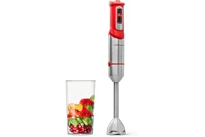 Mellerware Batidora de mano Spiro! | Picadora eléctrica 1000 W de potencia | Acero inoxidable | Velocidad regulable | Luz Led | Función Turbo | Incluye Vaso medidor (Rojo)