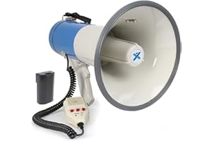 Vonyx MEG065 Akku Megafon mit Sirene und Mikrofon, Aufnahmefunktion, 65 Watt, bis 1 KM, MP3, USB, SD, AUX, Megaphon mit Umhänge-Gurt, blau-weiß
