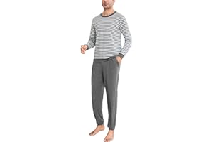 Bresdk Pijama Hombre Invierno Algodon Manga Larga Conjunto de Pijama a Rayas Dos Piezas Pijamas Largos Cuello Redondo S-3XL