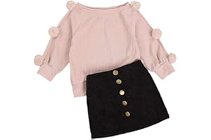 Geagodelia 2 PCS Set Completo Bambina Maniche Lunghe Maglione Lavorato a Maglia con Palla di Pelo Top + Bottoni in Metallo Set di Abiti con Gonna a Trapezio Inverno Autunno