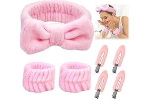SCROLIEY 1 Fascia Capelli Donna,2 Pezzi di Polsini per il Lavaggio Del Viso,Con 4 Fermagli Capelli,Morbidi Spa Fasce Assorbenti ed Elastici, per la Cura Della Pelle, il Lavaggio e la Doccia(Rosa)