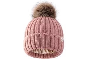 Hat Hut Bonnet Enfant d'hiver Doubles Pompons, Bonnet Doublé en Satin pour Cheveux, bébé Chaud Chapeau Tricoté Doux Beanie Garçons Filles