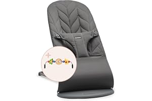 BabyBjörn Bliss Woven Baby Rocker with Petal Quilting - Charcoal Grey with Toy for Baby Rocker - Happy Eyes