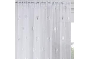 Maple Textiles Stunning Metallic Silver Print Tree Design Sheer Voile Curtain Panel Slot Top Rod Pocket Heading (White Silver, 48" 122 cm)