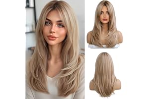 OUFEI Perruque Blonde Longue Et Droite pour Femmes Perruque Ombrée Aux cheveux Synthétiques avec Racines Foncées pour La Fête Et Le Jeu De Rôle
