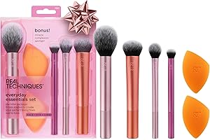 Real Techniques Everyday Essentials + Make-up-Schwamm-Set, 4 Make-up-Pinsel und 2 Blender-Schwämme, für Foundation, Rouge, Bronzer, Lidschatten und Puder, synthetische Borsten, 6-teiliges Set