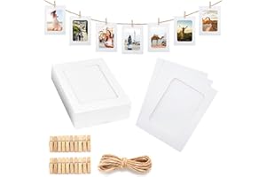 Gyxcelc 20 Stücke Fototaschen zum Aufhängen Weiß 10 x 15 cm Fotorahmen aus Pappe,Fotorahmen Papier Selbstklebende Bilderrahmen zum Foto Netz Klassenraum- mit Holzklammern und Hanfseilen