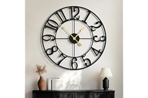 HAITANG Reloj de Pared Grande de 24 Pulgadas, Redondo, Casi silencioso, sin tictac, de Cuarzo, Funciona con Pilas, números arábigos Negros, Relojes de Pared de Metal para Sala de