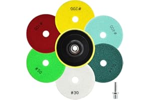 QUEFORET Dischi Diamantati per Lucidatura 8 Pezzi - 6 Pezzi 100mm Tamponi Lucidatura (Grana 30/50/100/200/400/800), Platorello a Strappo, Adattatore per Lucidatura Granito Marmo Quarzo Pietra a Umido