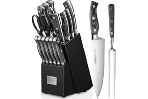 D.Perlla Blok na noże, 16-częściowy zestaw noży z drewnianym uchwytem, zestaw noży kuchennych ze stali nierdzewnej z drewnianym blokiem, profesjonalny nóż kuchenny ze stalową ostrzałką, czarny