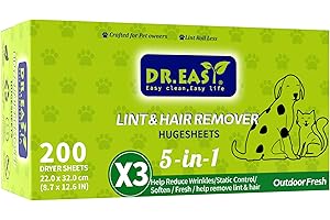 DR. EASY Dr.Easy LINT & HAIR REMOVER Pet HUGESHEETS avec 3X feuilles de séchage, Outdoor Fresh, 200 pièces, FORMULE À BASE DE PLANTES ET DE MINÉRAUX