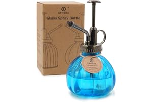 OFFIDIX Glass Watering Spray Bottle, 6.3Inch Tall Vintage Style Spritzer with Bronze Plastic Top Pump One Hand Watering Can Glass Spray Bottle for Gardening (Light Blue)