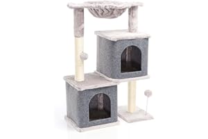 Fudajo Arbre à Chat Gris Sisal 81cm Poste de grattage avec 2 Niches Arbre à 2 Maisonnettes félines