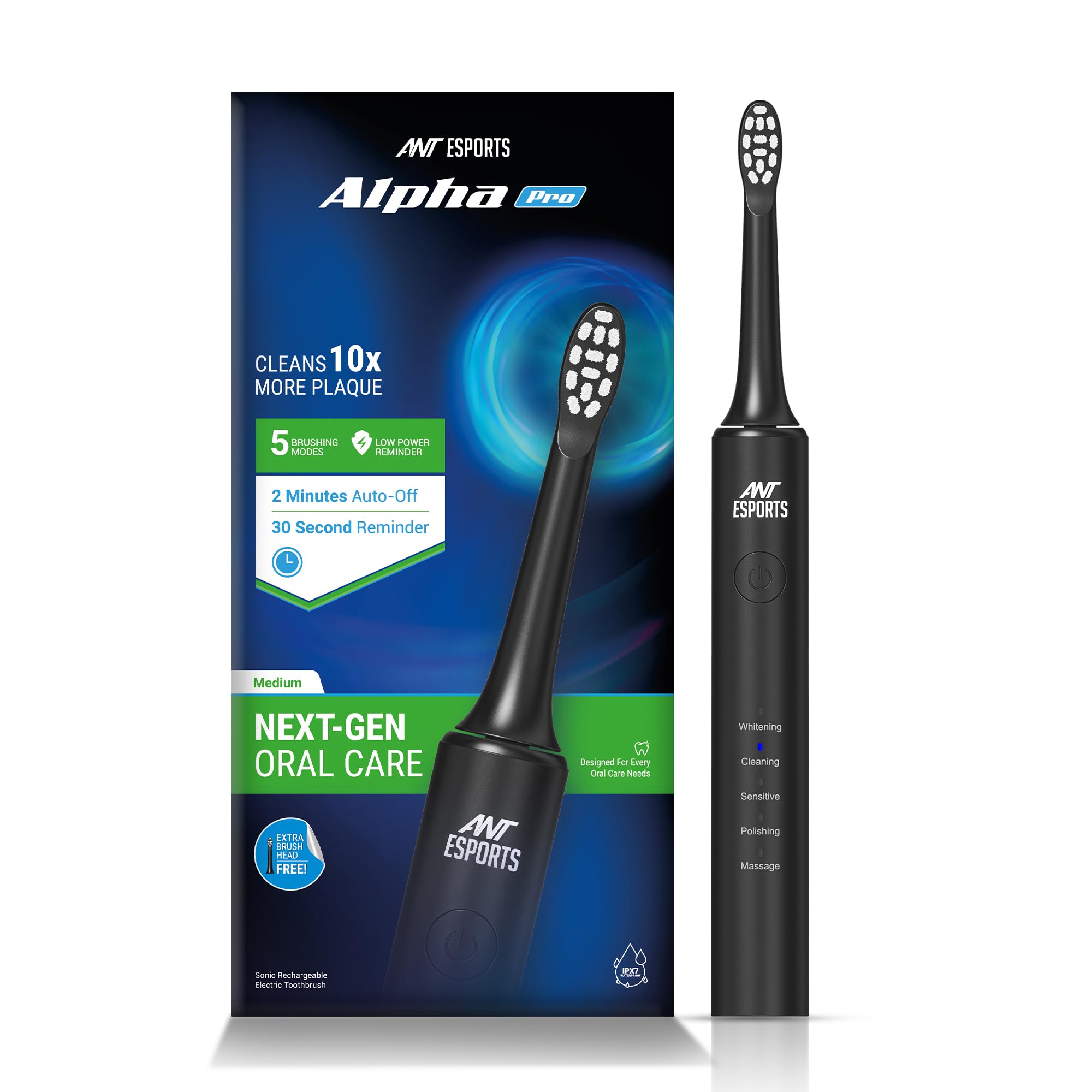 Ant Esports Alpha Pro Sonic Electric Toothbrush with 2 Brush Heads, Sonic Toothbrushes 40,000 VPM, 5 modes - 𝐖𝐡𝐢𝐭𝐞𝐧𝐢𝐧