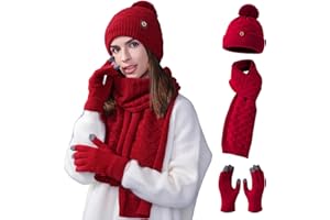 MHWGO Mütze Schal Handschuhe Set für Damen, Beanie Mütze Damen Winter mit Bommel Fleece Gefütterte, Touchscreen Handschuhe Schal Wärmer Mütze, Winterhandschuhe Weihnachten Geschenk für Frauen