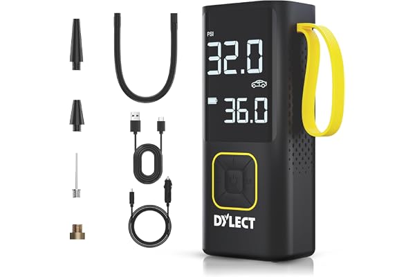 Dylect Tyre Inflator for Car and Bike Home Use Works Both on DC Port & Battery Type-C Charging 6000mAh BIS Certified Super Fast Inflation 5 Fill Modes AutoCutoff Multiple Nozzles 12mWarranty