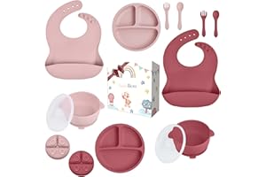 TudoBem Coffret Repas Bébé Silicone [10 Pièces] – 2 Assiettes Ventouse, 2 Bols Antidérapants, 2 Bavoirs avec Récupérateur, 2 Couverts Souples – Double Set Pratique pour DME et Auto-Alimentation