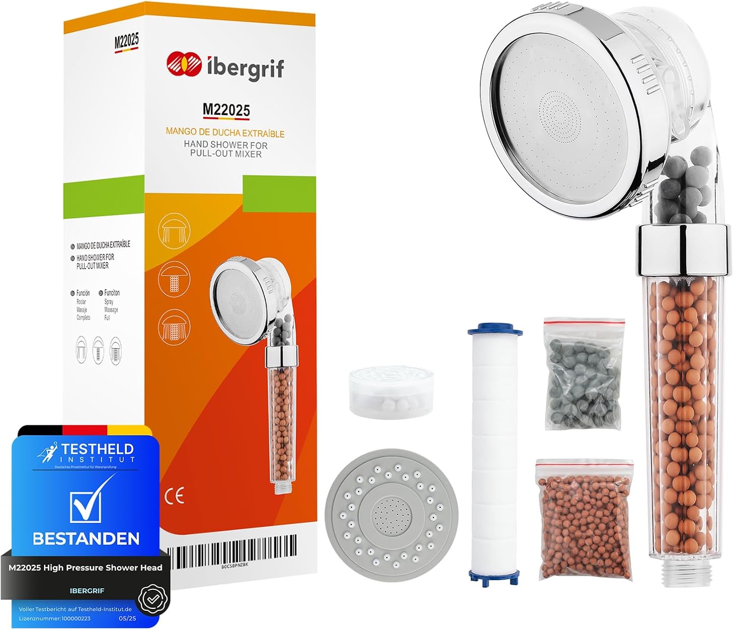 Ibergrif Alcachofa de Ducha de Alta Presión con Filtro Iónico, Cabezal de Ducha Antical con 3 Modos de Chorro, Ahorro de Agua, Mango de Ducha Portátil y Desmontable para Baño-M22025