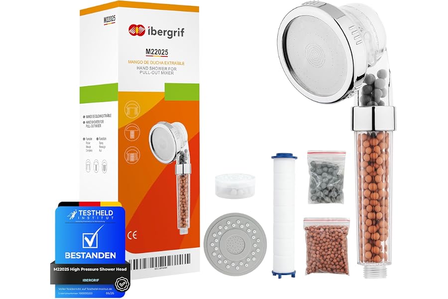 Ibergrif Alcachofa de Ducha Alta Presión con Filtro, 3 Modos De Rociado | Alcachofa de Ducha con Filtro Iónico Antical, Ahorr