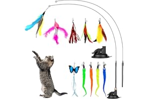 MEYDLL Jouet Chat, 14 Pièces Jouets pour Chat avec Plumes, Jouets pour Chats Interieur avec 2 Tiges Interactives Rétractables pour Chat, 2 Ventouses Puissantes, 10 Plumes de Rechange