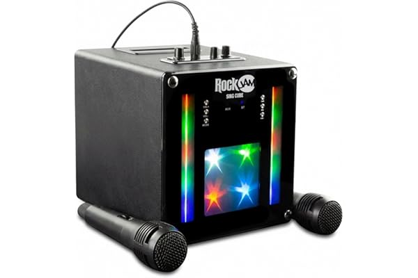 Machine de karaoké Bluetooth Rechargeable RockJam 10 Watts avec Deux Microphones, Jeux de lumière et Effets vocaux