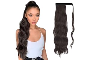 FESHFEN Long Wavy Ponytail Extensions 60cm Body Wavy Wrap Around Hair Ponytails Curly Clip in Synthetic Hairpieces for Women Girls, Medium Brown