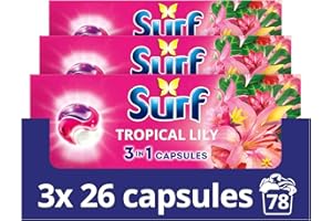 Surf 3 in 1 Tropical Lily Laundry Washing Detergent Capsules joy-infused fragrance with natural essential oils lasting up to 12 hours in wear for brilliantly clean results 78 washes (3x 26)