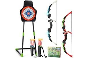 COSTWAY Arc et Flèche pour Enfants avec Lumières LED, Ensemble de Tir à l'arc avec 20 Flèches, 1 Cible Debout/Suspendue et 2 Carquois, Jeu de Tir Intérieur Extérieur pour Garçons Filles de 3 Ans+
