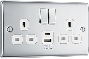 BRITISH GENERAL BG Electrical 12W Double Switched Power Wall Plug Socket with Type A and Type C USB Charging Ports, Nexus Metal, Polished Chrome, 13A, NPC22UAC12W