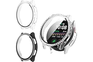 Haofun 2 Piezas Fundas para Samsung Galaxy Watch 7 44mm, para Protector Pantalla Cristal Templado HD Protección Completa PC Dura Estuche Case con Diamantes - Transparente + Negro