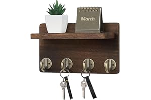 Nekon Key Holder Wall Mount, 8.5 Inch Small Home Decor Wooden Wall Organizer with 4 Hooks and Shelf, Wall Decor for Living Room Entryway Kitchen (Brown)