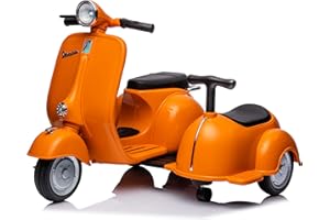 MR J toys&more Piaggio Vespa con Sidecar Small Elettrica 6V per Bambini con USB e luci mp3 Due posti Suoni e mp3 Elettrica (Arancione)